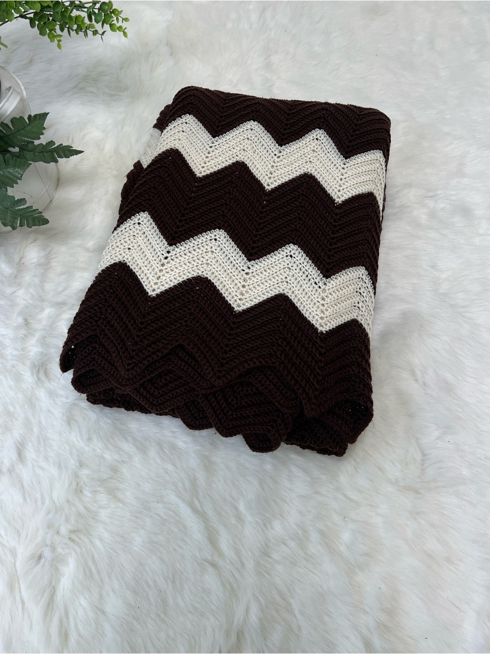 Vintage Handmade Crochet Zig Zag Chevron Knit Throw Blanket 92”x66”